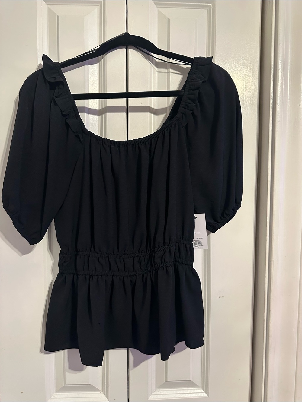 Nine West Black Ruffle-Trim Square Neck Peplum Tunic